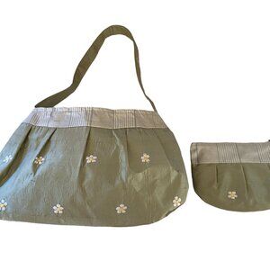Handcrafted Purse Green with Daisies and Cosmetic Bag Re-cycled Uph Fabric Small